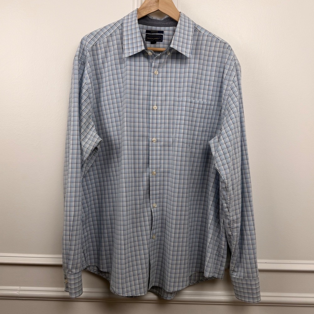 Mason James Mens XL Blue White Plaid Stretch Long Sleeve Button Down Shirt